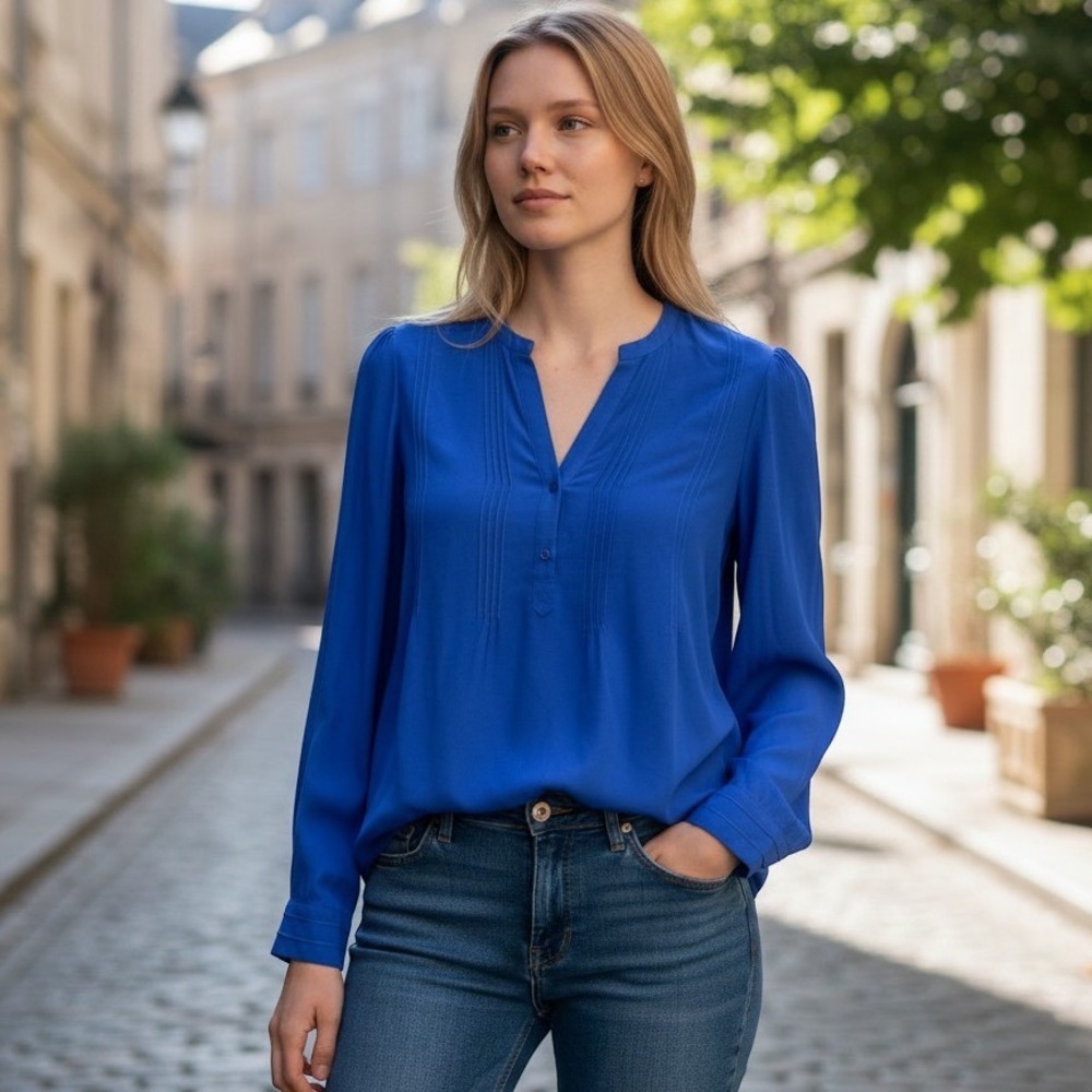 Ba&sh Atena Pintuck Blouse Bleu Klein  Viscose Split Neck Top Size 1 US 6